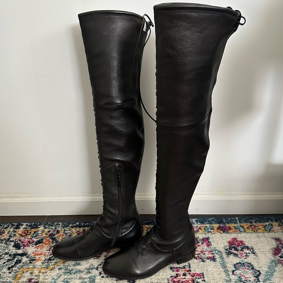 Stuart Weitzman Exes Black Leather Lace Up OTK Boots Size 9.5 - Picture 4 of 10